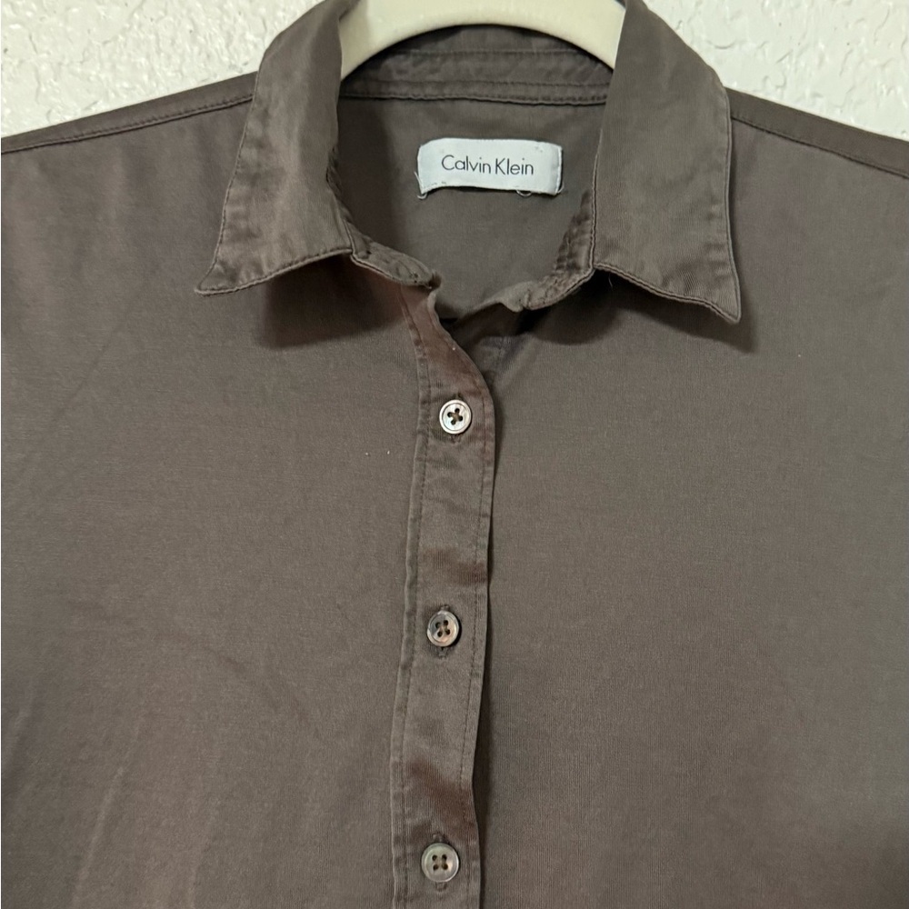 Calvin Klein Long Sleeve Cotton Button-Down Shirt Dress - Espresso Brown - Picture 6 of 12